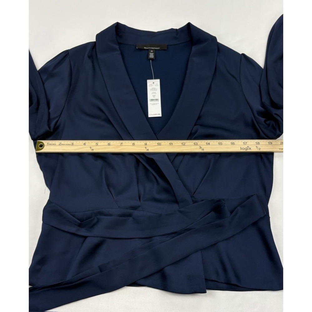 NWT White House Black Market Blue Satin Wrap Blouse Tie Waist Puff Sleeve Sz 14 - Picture 8 of 16